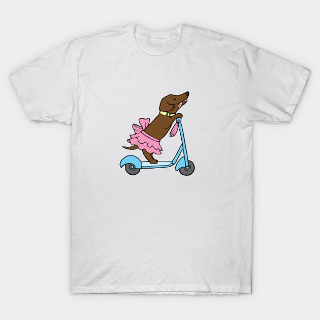 Ballerina Dachshund on a Scooter T-Shirt by MayLinnArt